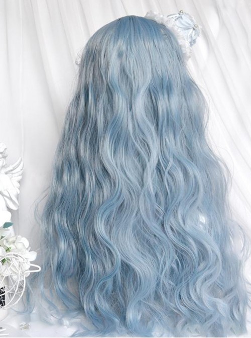 Blue Ribbon Series Dreamy Ice Blue Straight Bangs Sweet Lolita Doll Like Long Curly Princess Wool Roll Wig