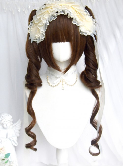 Oil Painting Style Sweet Lolita Retro Dark Brown Cute Girl Roman Curls Twin Ponytail Wig