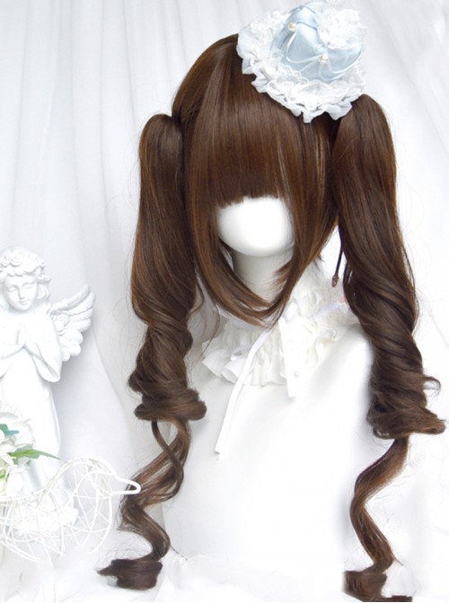 Oil Painting Style Sweet Lolita Retro Dark Brown Cute Girl Roman Curls Twin Ponytail Wig