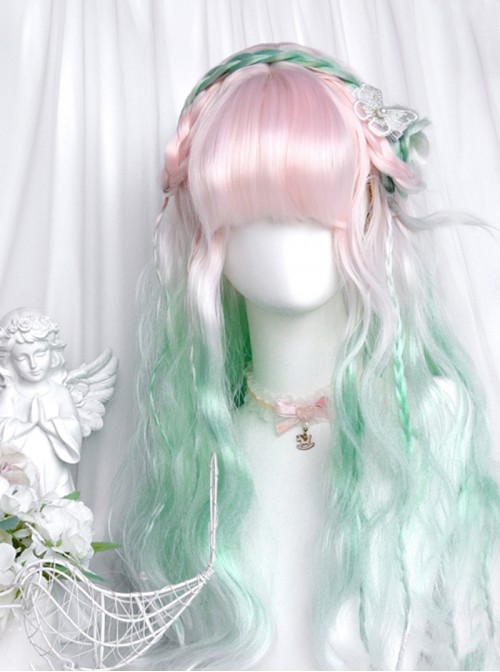 Mint Peach Series Sweet Lolita Fairy Tale Mint Green Light Pink Gradient Wool Curls Long Wig