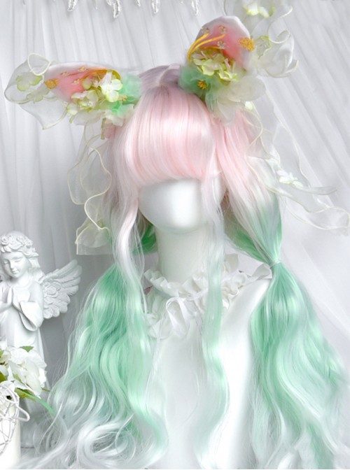 Mint Peach Series Sweet Lolita Fairy Tale Mint Green Light Pink Gradient Wool Curls Long Wig