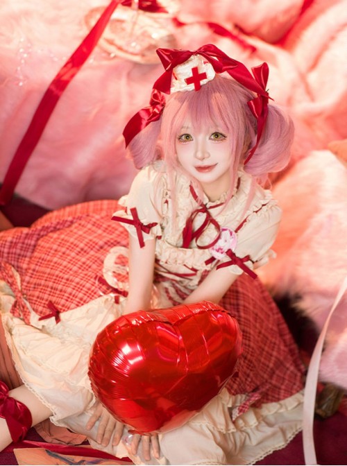 Guardian Heart Series Lovely Kawaii Sweet Lolita Ruffle Bubble Sleeves Red Plaid Cake Dress Shirt Set