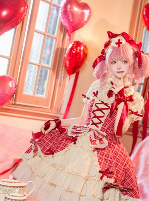 Guardian Heart Series Lovely Kawaii Sweet Lolita Ruffle Bubble Sleeves Red Plaid Cake Dress Shirt Set