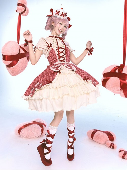 Guardian Heart Series Lovely Kawaii Sweet Lolita Ruffle Bubble Sleeves Red Plaid Cake Dress Shirt Set