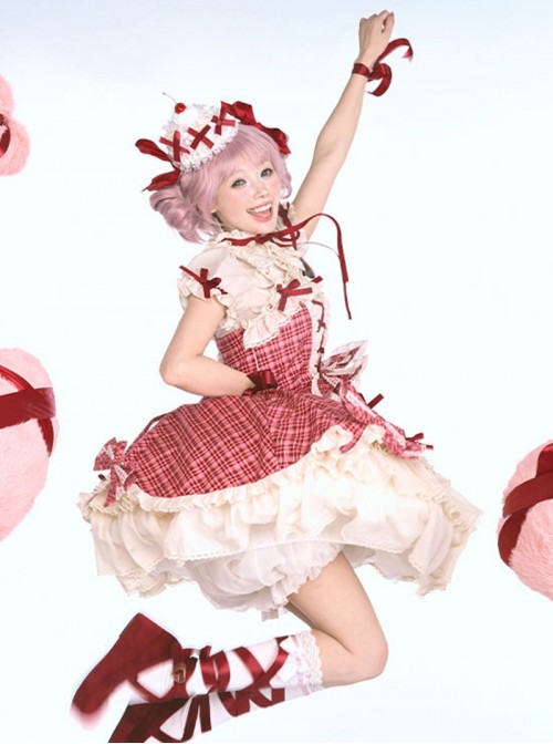Guardian Heart Series Lovely Kawaii Sweet Lolita Ruffle Bubble Sleeves Red Plaid Cake Dress Shirt Set