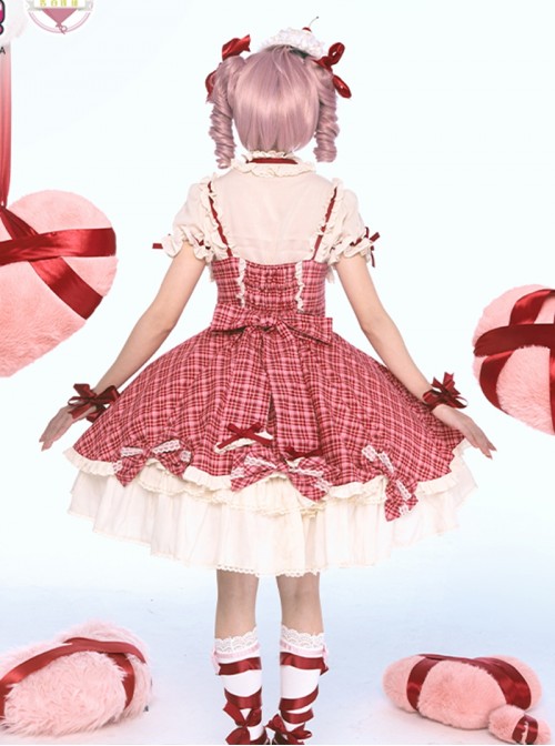 Guardian Heart Series Lovely Kawaii Sweet Lolita Ruffle Bubble Sleeves Red Plaid Cake Dress Shirt Set