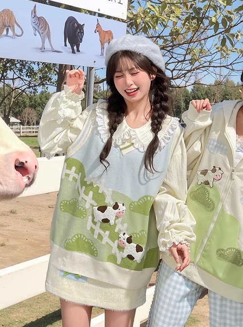 Cartoon Cute Ranch Cow Knit Vest Kawaii Fashion V Neck Sleeveless Top Skirt Set Women Outfit