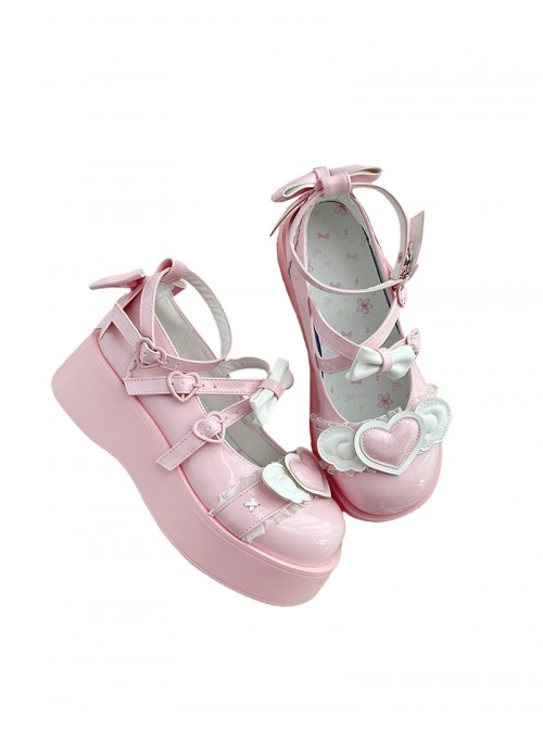 Sweet Cupid Series Sweet Lolita Chunky Platform Round Toe Kawaii Angel Wings Heart Mary Jane Shoes