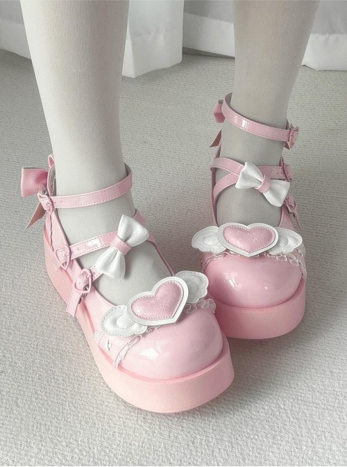 Sweet Cupid Series Sweet Lolita Chunky Platform Round Toe Kawaii Angel Wings Heart Mary Jane Shoes
