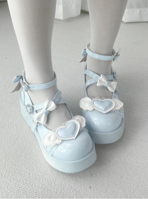 Sweet Cupid Series Sweet Lolita Chunky Platform Round Toe Kawaii Angel Wings Heart Mary Jane Shoes