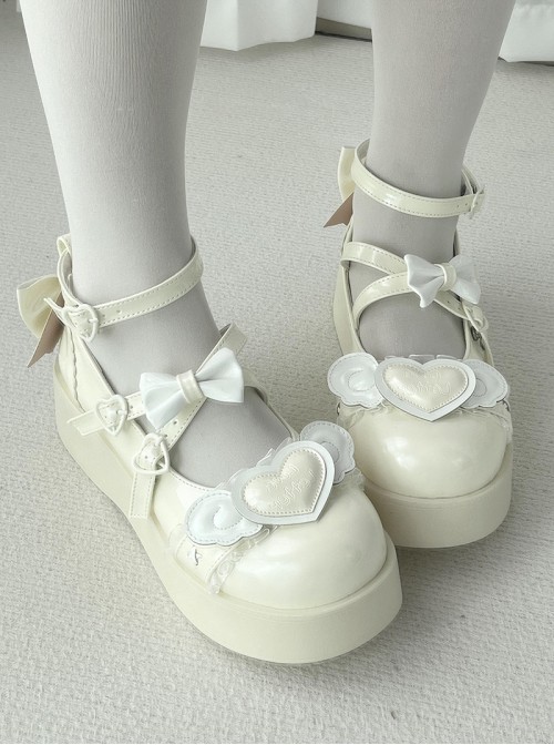 Sweet Cupid Series Sweet Lolita Chunky Platform Round Toe Kawaii Angel Wings Heart Mary Jane Shoes