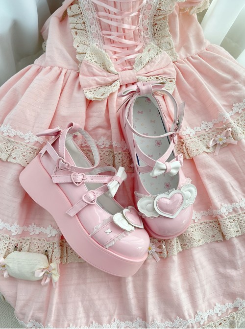 Sweet Cupid Series Sweet Lolita Chunky Platform Round Toe Kawaii Angel Wings Heart Mary Jane Shoes
