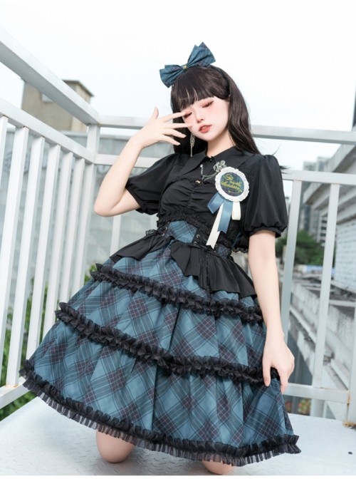 Margaret Series Sweet Lolita Jirai Kei Little Idol Stage Outfit Plaid Puff Sleeves Dress Top Set