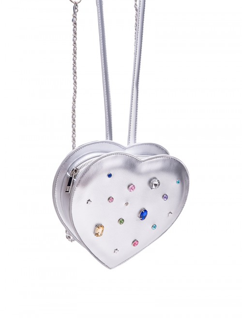 Sweet Lovely Silver Heart Shape Unique Gemstone Colored Diamond Decoration Kawaii Fashion Backpack