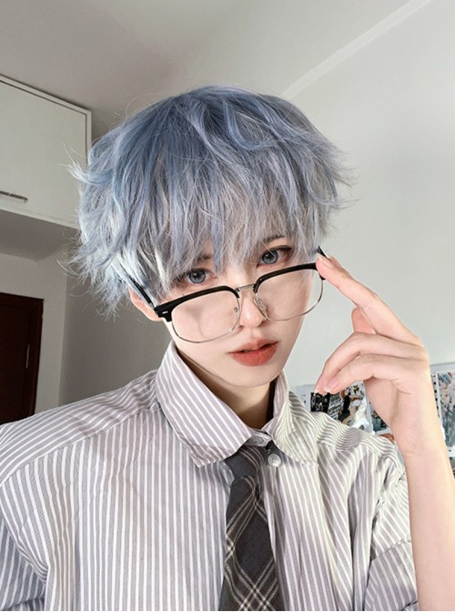 Fei Series Stylish Chic Japanese Harajuku Boyish Lolita Blue Grey Gradient Short Curly Wig
