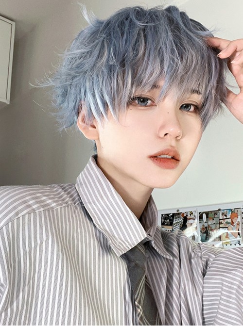 Fei Series Stylish Chic Japanese Harajuku Boyish Lolita Blue Grey Gradient Short Curly Wig