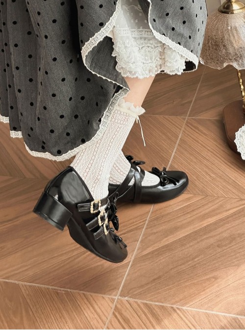 Elena Series Classic Lolita French Chic Detachable Bow Elegant Refined Medium Heel Mary Jane Shoes