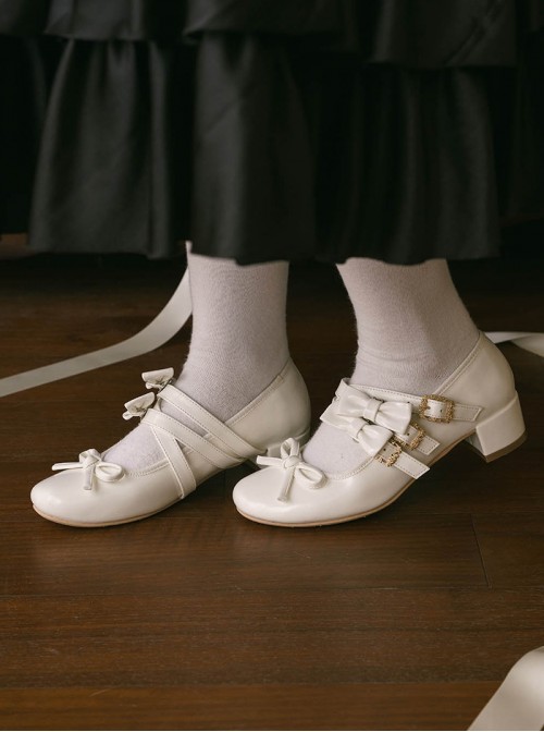 Elena Series Classic Lolita French Chic Detachable Bow Elegant Refined Medium Heel Mary Jane Shoes