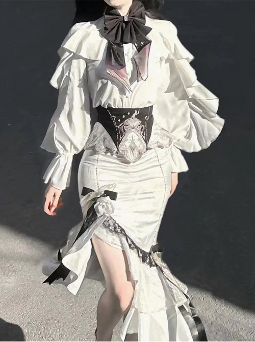 Ring Star Gate Series Ornate Gothic Lolita Royal White Elegant Ruffle Bow Tie Long Sleeve Blouse