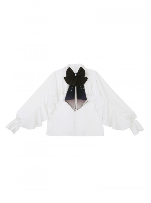 Ring Star Gate Series Ornate Gothic Lolita Royal White Elegant Ruffle Bow Tie Long Sleeve Blouse