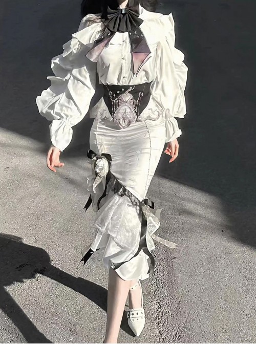 Ring Star Gate Series Ornate Gothic Lolita Royal White Elegant Ruffle Bow Tie Long Sleeve Blouse