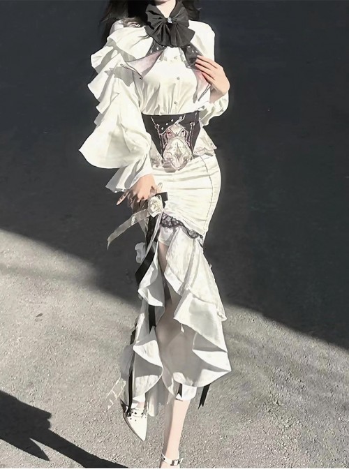 Ring Star Gate Series Ornate Gothic Lolita Royal White Elegant Ruffle Bow Tie Long Sleeve Blouse