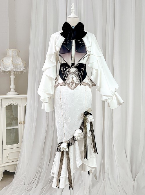 Ring Star Gate Series Ornate Gothic Lolita Royal White Elegant Ruffle Bow Tie Long Sleeve Blouse