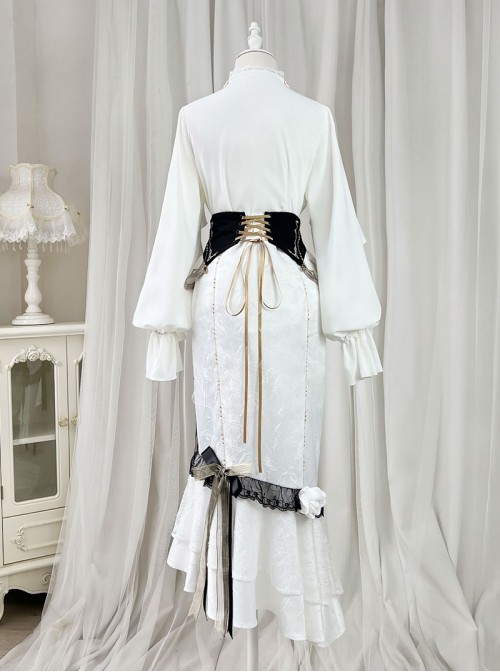 Ring Star Gate Series Ornate Gothic Lolita Royal White Elegant Ruffle Bow Tie Long Sleeve Blouse