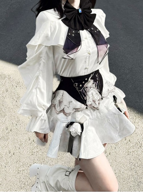 Ring Star Gate Series Elegant Gothic Lolita White Delicate Jacquard Sweet Floral Bowknot Short Skirt
