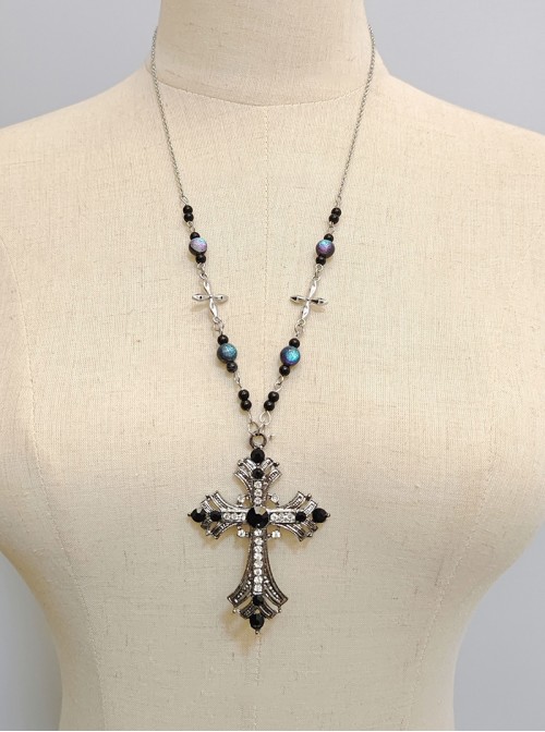 Versatile Gothic Lolita Exquisite Alloy Rhinestone Cross Beaded Stainless Steel Sweater Necklace