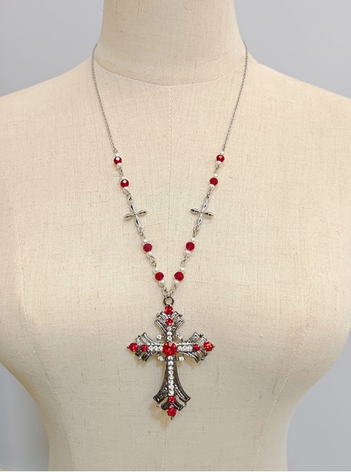 Versatile Gothic Lolita Exquisite Alloy Rhinestone Cross Beaded Stainless Steel Sweater Necklace