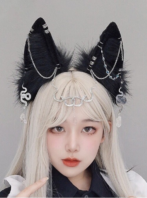 Illusion Snake Series Punk Lolita Dark Gothic Cosplay Prop Exotic Realistic Black Wolf Ears Hair Hoop Headband