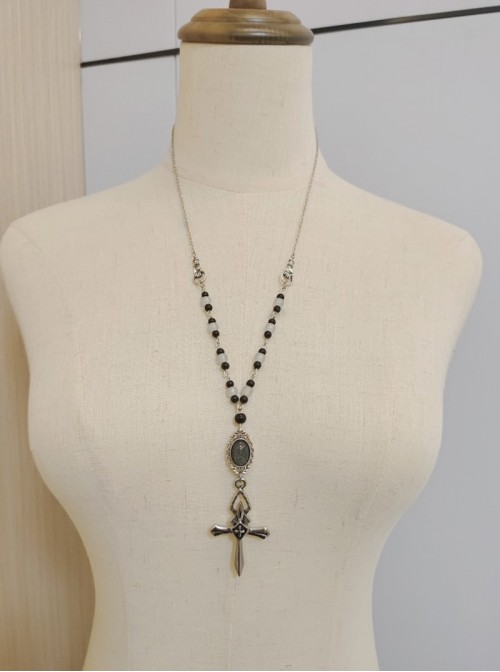 Handmade Gothic Lolita Elegant Dark Black Grey Cross Pendant Long Beaded Gemstone Sweater Necklace
