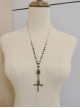 Handmade Gothic Lolita Elegant Dark Black Grey Cross Pendant Long Beaded Gemstone Sweater Necklace
