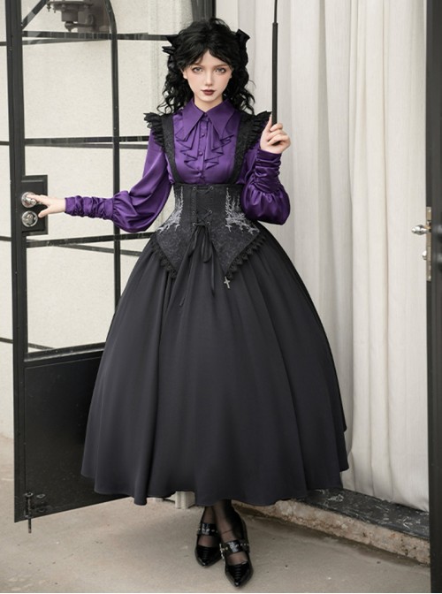 Thorn Night Elegant Series Gothic Lolita Exquisite Embroidery Cross Pendant Black Bustier Suspender Long Skirt