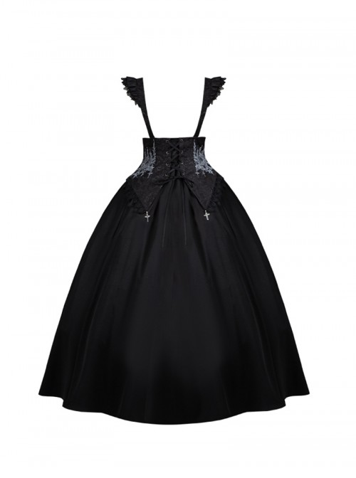 Thorn Night Elegant Series Gothic Lolita Exquisite Embroidery Cross Pendant Black Bustier Suspender Long Skirt