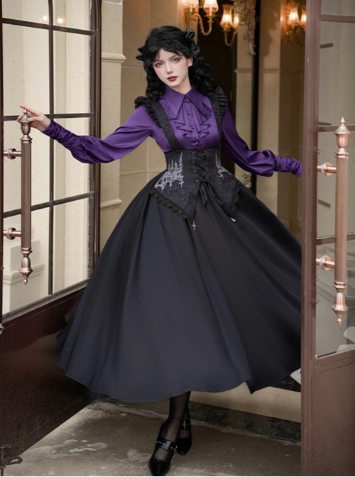 Thorn Night Elegant Series Gothic Lolita Exquisite Embroidery Cross Pendant Black Bustier Suspender Long Skirt
