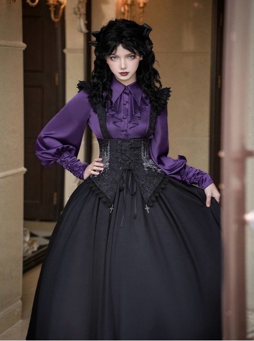 Thorn Night Elegant Series Gothic Lolita Exquisite Embroidery Cross Pendant Black Bustier Suspender Long Skirt