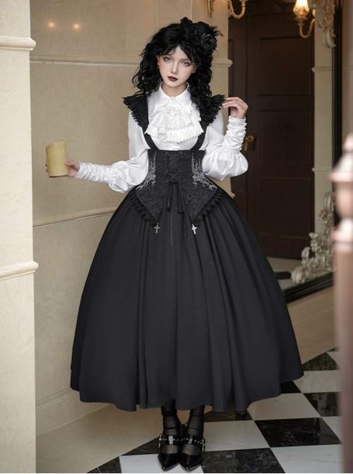Thorn Night Elegant Series Gothic Lolita Exquisite Embroidery Cross Pendant Black Bustier Suspender Long Skirt