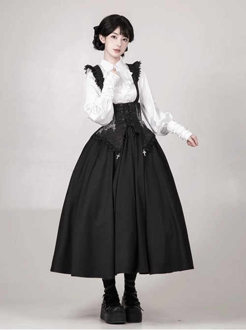 Thorn Night Elegant Series Gothic Lolita Exquisite Embroidery Cross Pendant Black Bustier Suspender Long Skirt