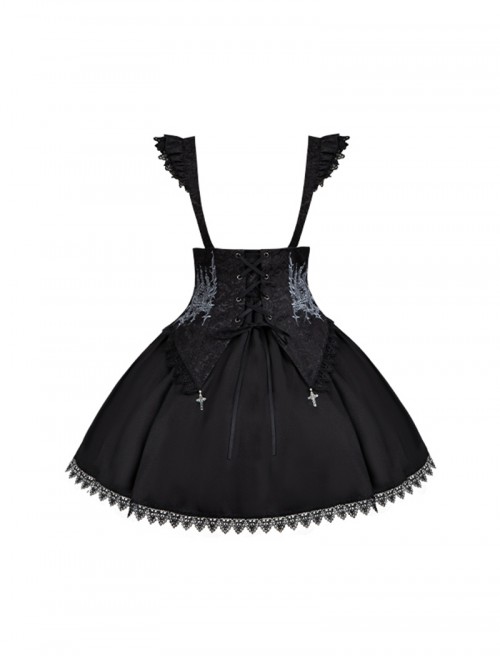 Thorn Night Series Gothic Lolita Embroidered Black Lace Corset Pointed Cross Pendant Short Suspender Skirt