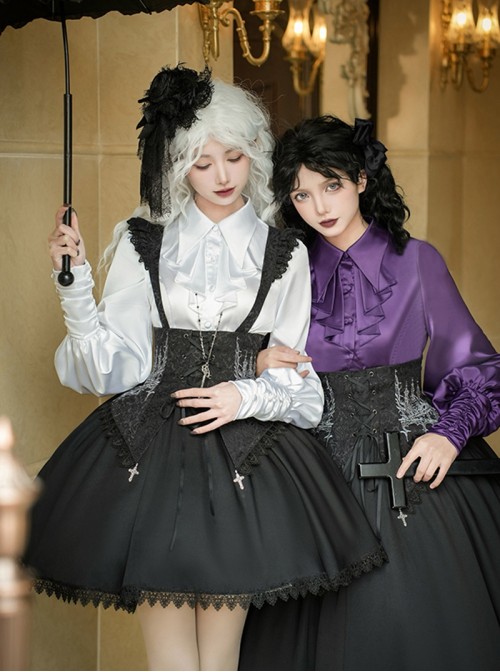 Thorn Night Series Gothic Lolita Embroidered Black Lace Corset Pointed Cross Pendant Short Suspender Skirt