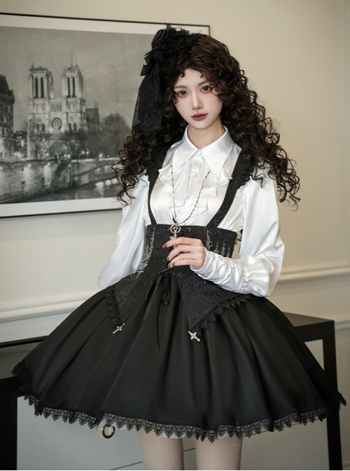 Thorn Night Series Gothic Lolita Embroidered Black Lace Corset Pointed Cross Pendant Short Suspender Skirt