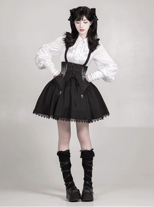 Thorn Night Series Gothic Lolita Embroidered Black Lace Corset Pointed Cross Pendant Short Suspender Skirt