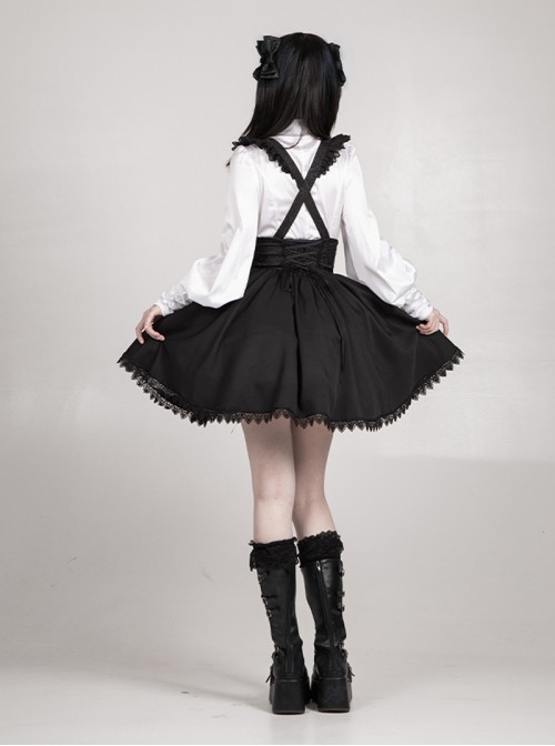 Thorn Night Series Gothic Lolita Embroidered Black Lace Corset Pointed Cross Pendant Short Suspender Skirt