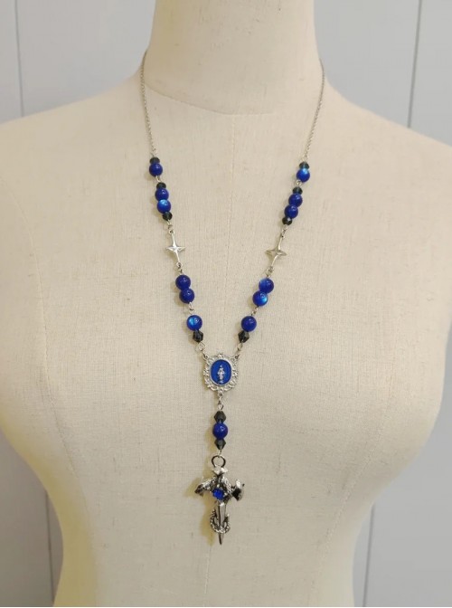 Original Handmade Elegant Gothic Lolita Beaded Rose Alloy Butterfly Cross Pendant Long Necklace