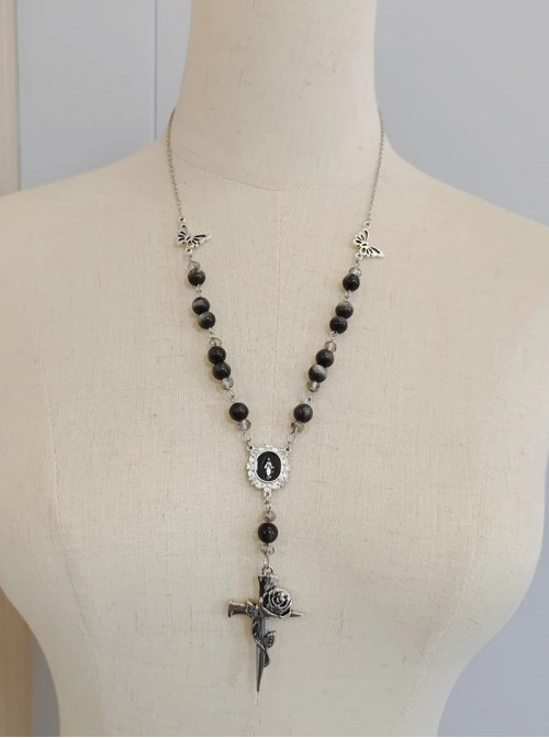 Original Handmade Elegant Gothic Lolita Beaded Rose Alloy Butterfly Cross Pendant Long Necklace