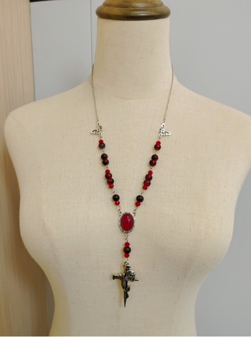 Original Handmade Elegant Gothic Lolita Beaded Rose Alloy Butterfly Cross Pendant Long Necklace