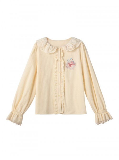 Spring Kawaii Fashion Yellow Cute Lace Doll Collar Loose Long Sleeve Ruffle Blouse