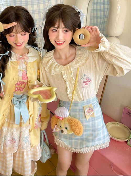 Spring Kawaii Fashion Yellow Cute Lace Doll Collar Loose Long Sleeve Ruffle Blouse